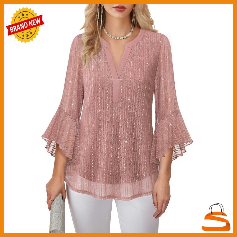 Women's 3/4 Sleeve V Neck Blouse Flowy Bell Sleeves A-Line Silhouette